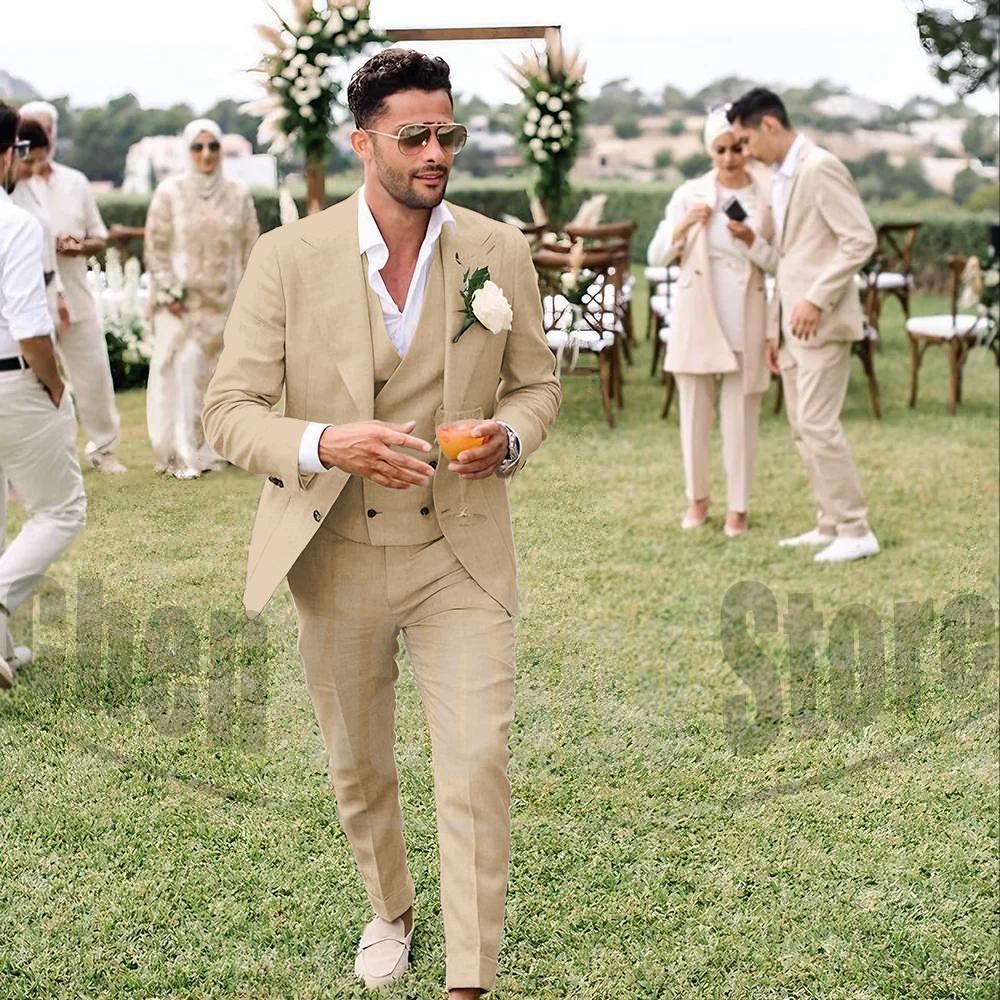 Summer Linen Men Suits 3 Piece - Men Grooming Outfit reseña y precio