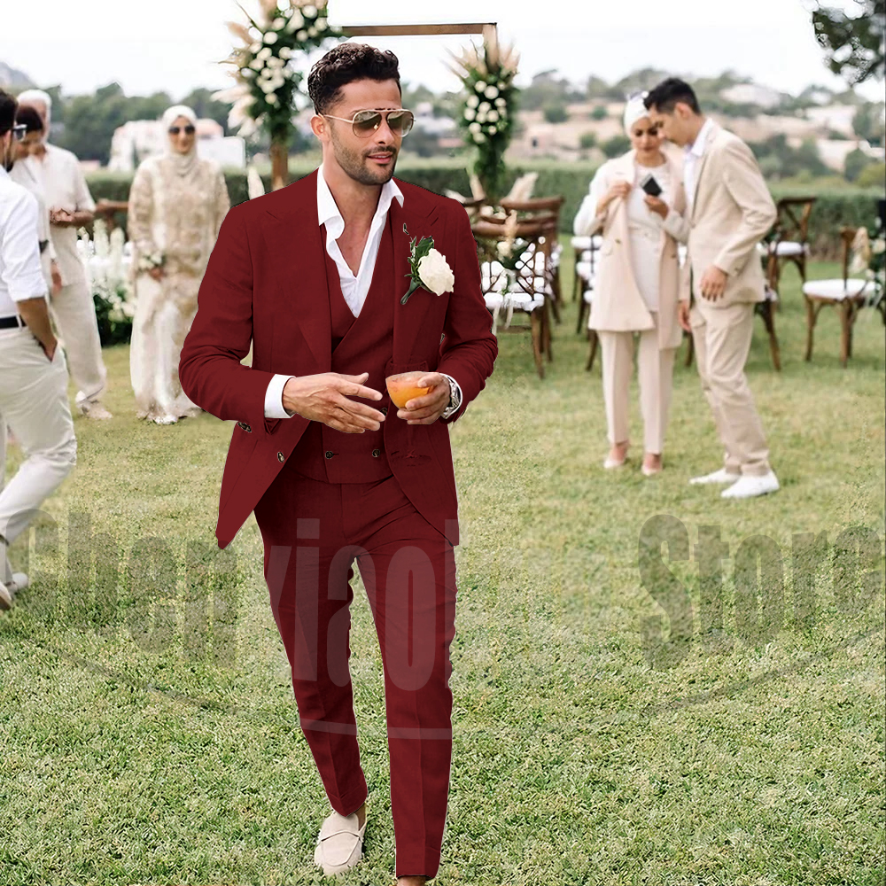 Summer Linen Men Suits 3 Piece - Men Grooming Outfit reseña y precio
